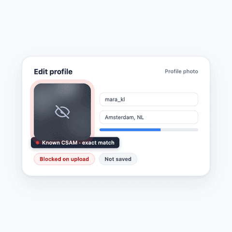 Profile photo upload blocked as a known CSAM match — the image is blurred and never shown