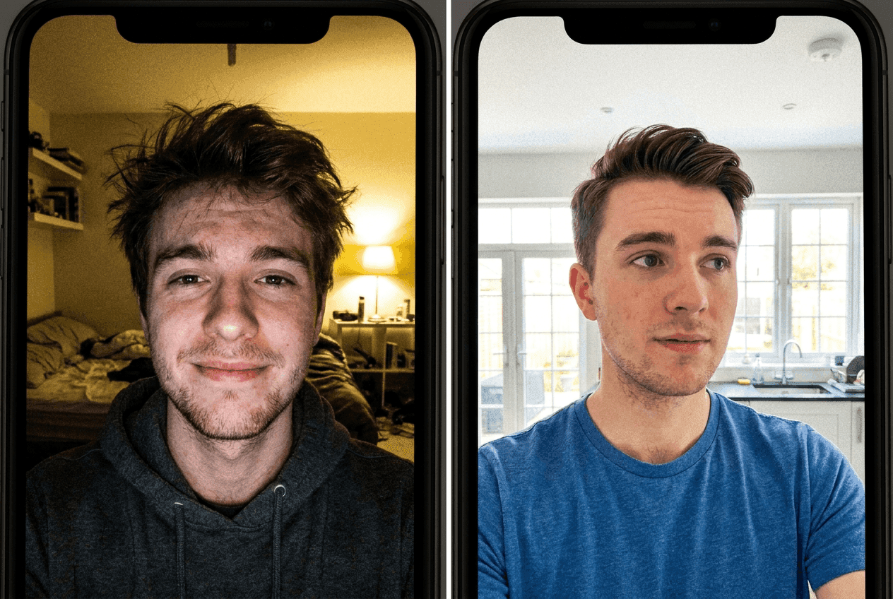 Two selfies of the same banned user side by side, different photos matched by Lasso face recognition