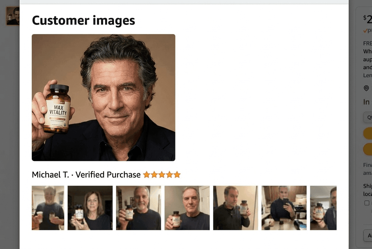 Product review screenshot with celebrity endorsement photo submitted as a customer image, detected by Lasso celebrity detection