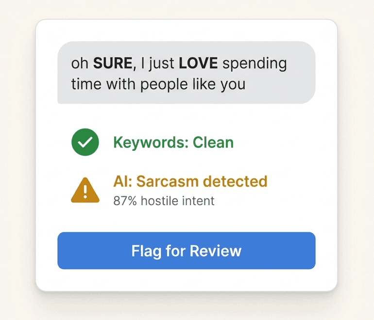 Moderation panel showing AI sarcasm analysis on an emphasized message