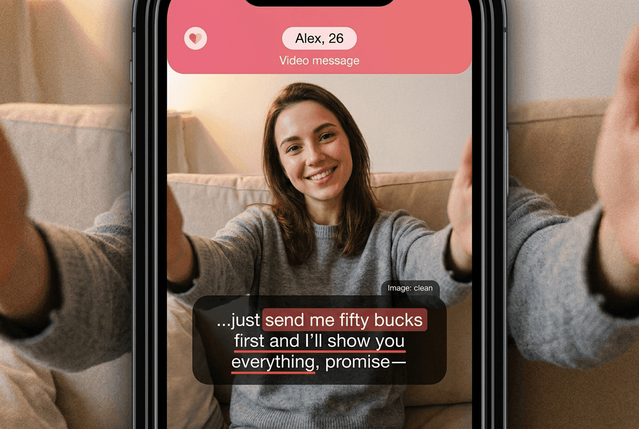 A dating video message that passes image moderation while Lasso flags explicit verbal solicitation in the audio transcript