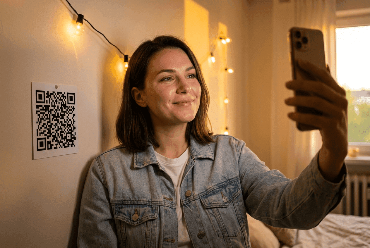 Dating app profile selfie with QR code on wall linking to external messaging app, detected by Lasso QR code moderation