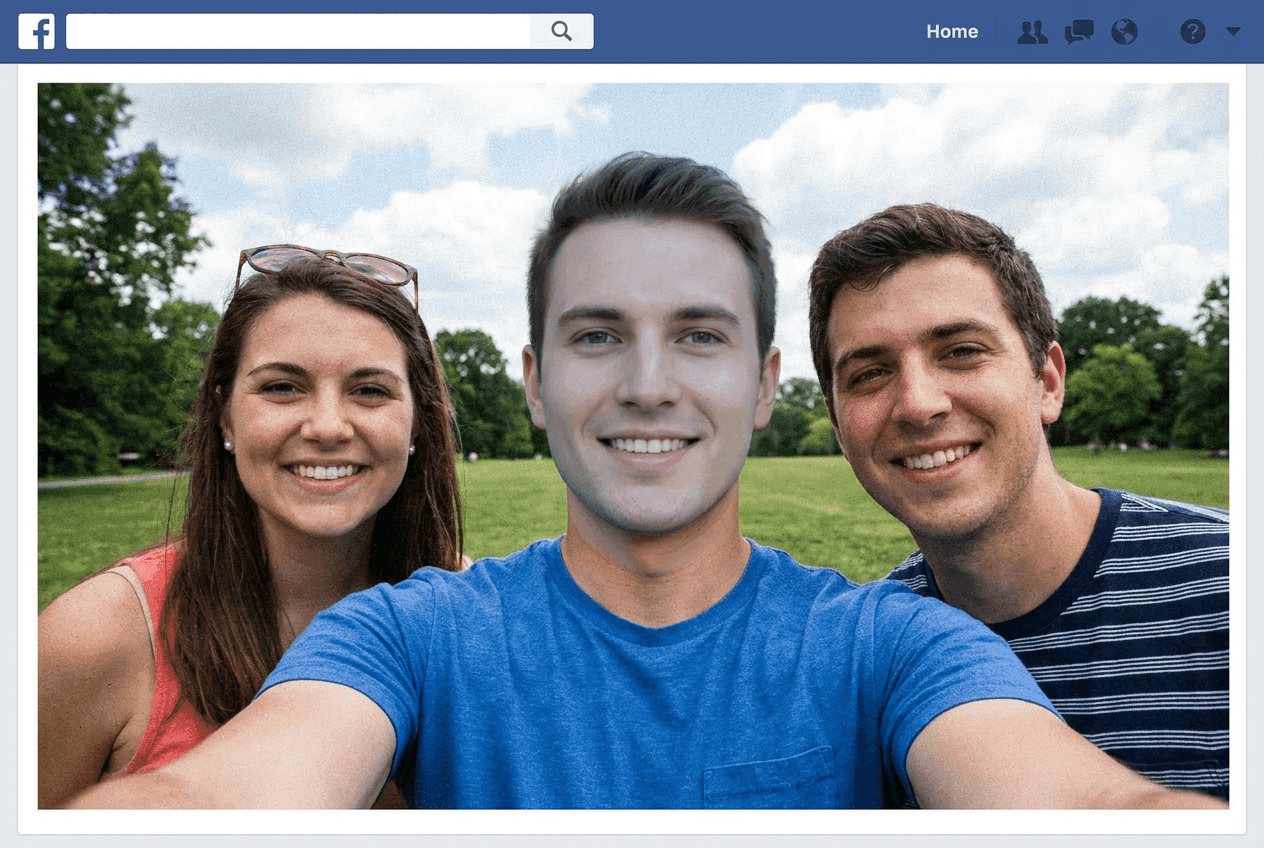 Deepfake face-swapped image posted in a public group, detected by Lasso