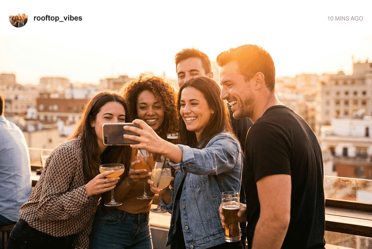Group selfie at a bar with one banned user identified by Lasso face recognition