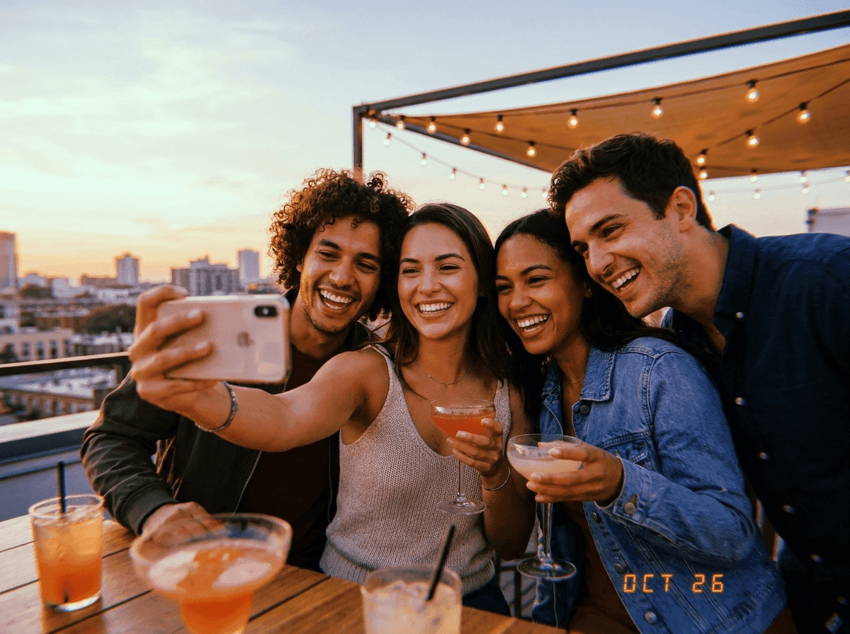 Group selfie at rooftop bar with four faces detected — dating platform requires one face