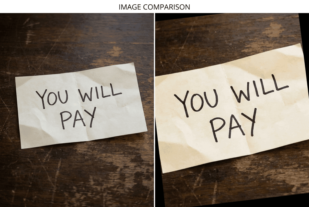 Same threatening note photo shown twice, original and re-upload caught by Lasso hash matching