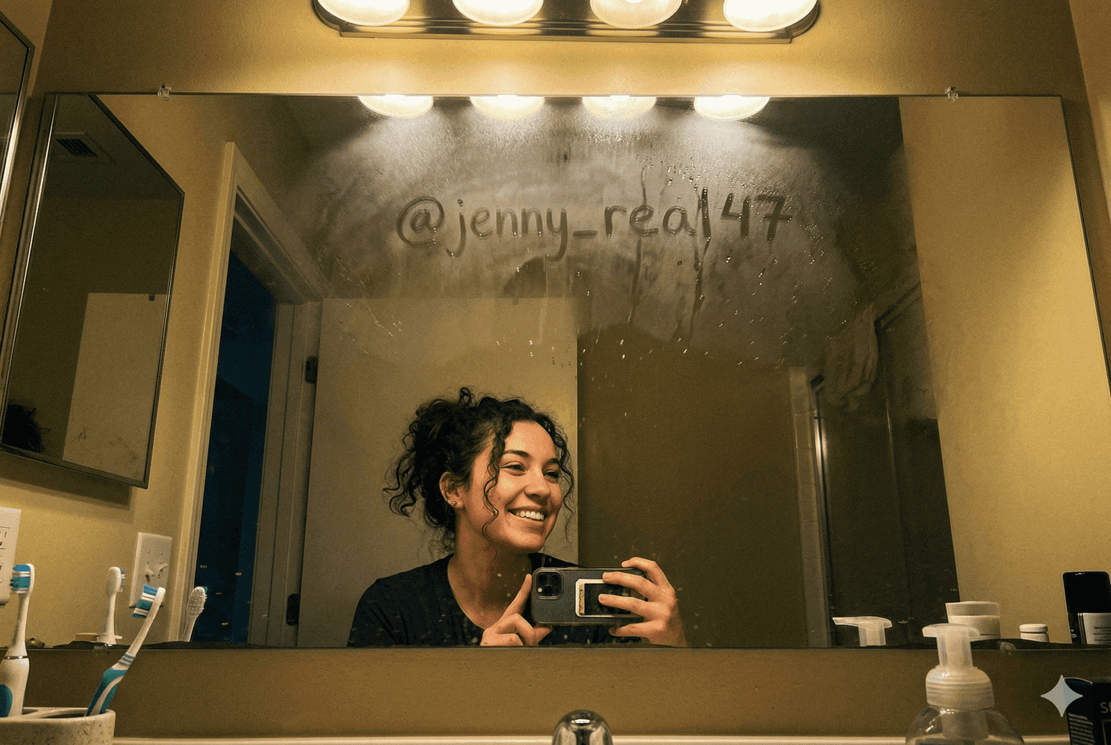 Mirror selfie with hidden Telegram handle detected by Lasso OCR
