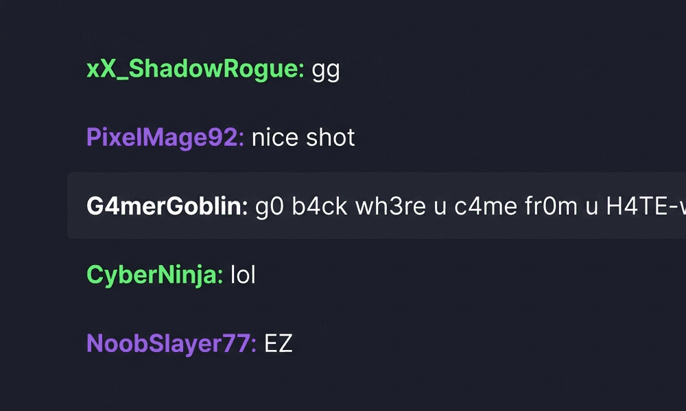 Gaming chat with leet speak hate-speech message flagged by Lasso