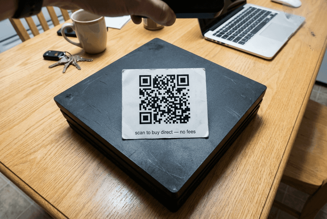 Marketplace product listing with QR code sticker routing buyers off-platform, detected by Lasso QR code moderation