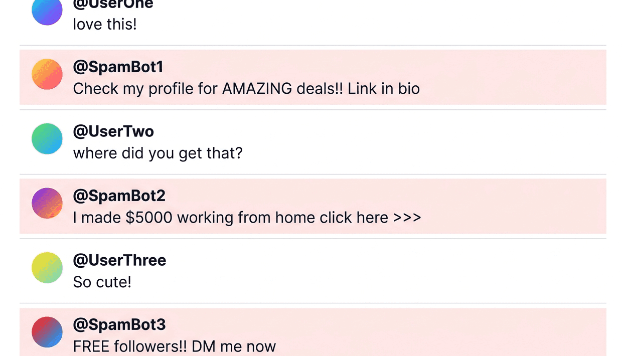 Social comment feed with three spam comments highlighted by Lasso