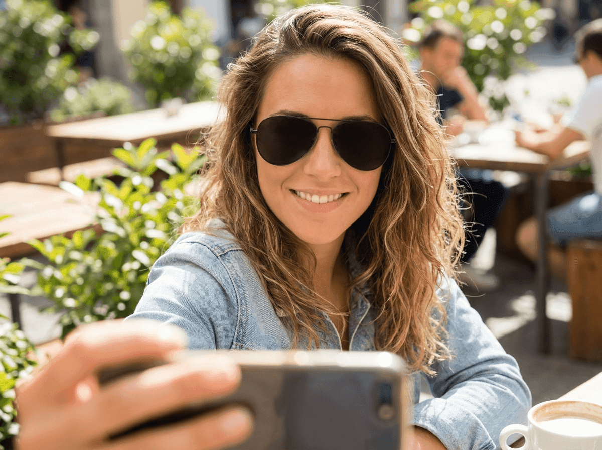 Woman wearing sunglasses in dating profile photo flagged by Lasso context-aware face detection