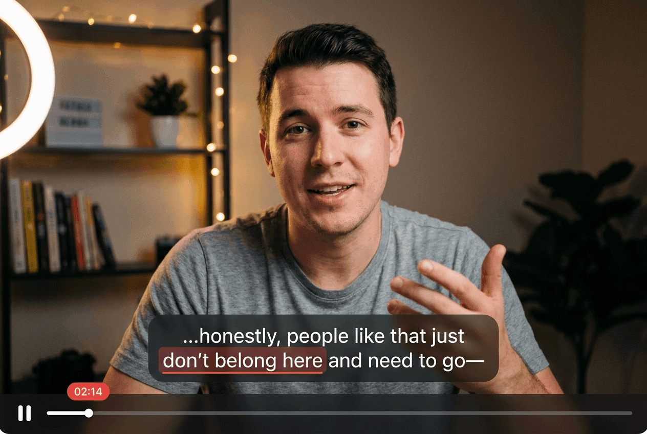 A vlog that passes visual moderation while Lasso flags hate speech in the transcribed audio track