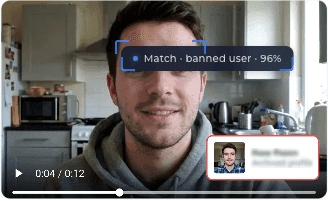 Video profile matched against a banned user at 96% confidence — Lasso video face recognition