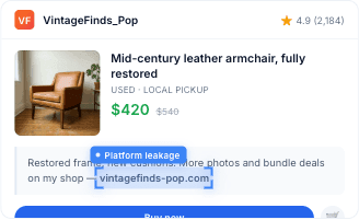 External link detection — a personal store URL leaked in a marketplace listing, flagged as platform leakage