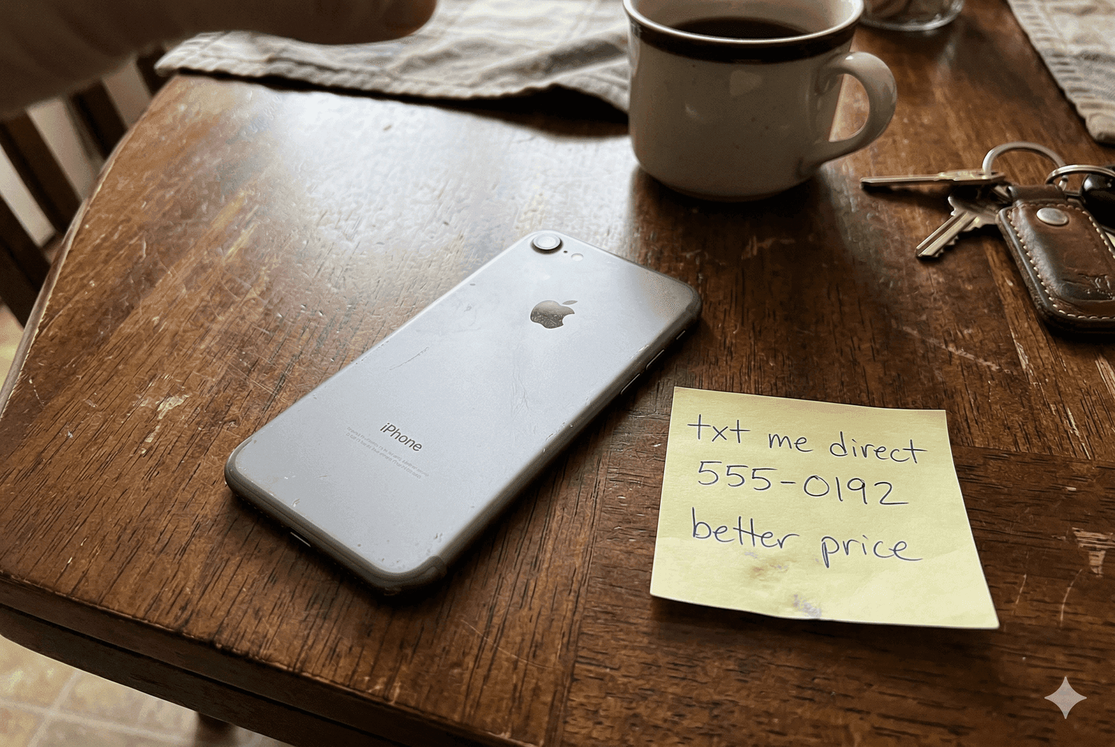 Marketplace product photo with sticky note showing phone number, detected by Lasso OCR