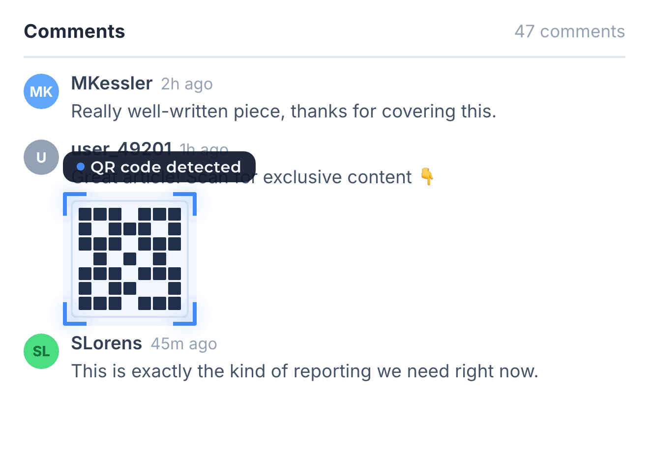 Social comment section with a QR code posted as a spam image, detected by Lasso QR code moderation