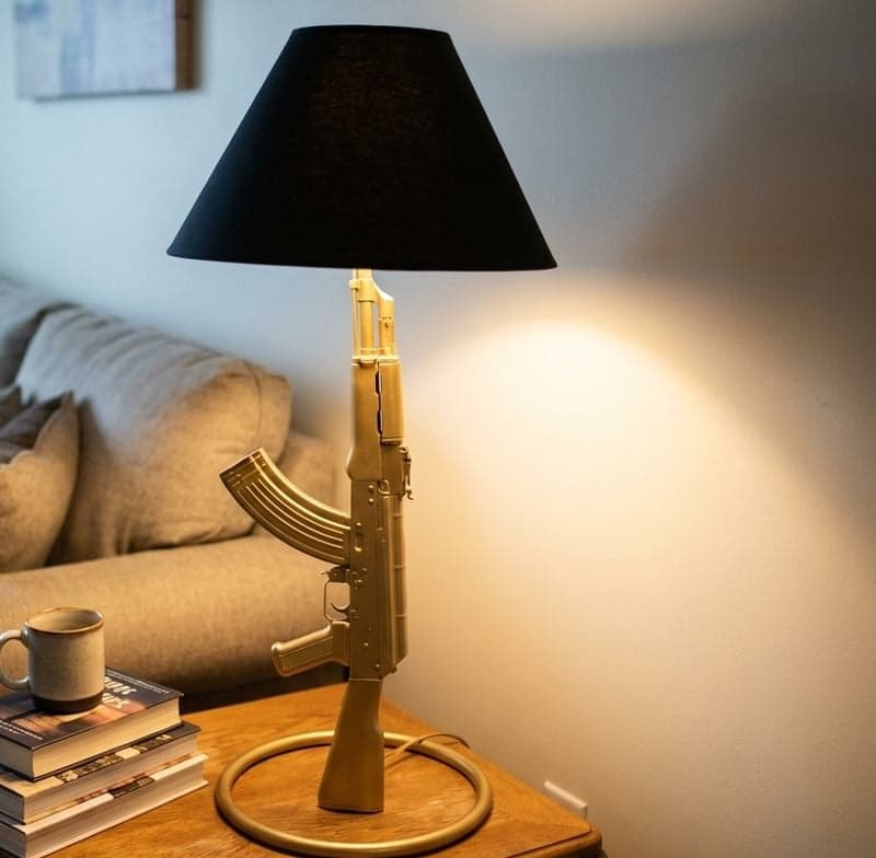 Gold AK-47 shaped lamp in living room analyzed by AI moderator
