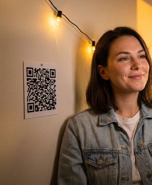 Dating profile selfie with a QR code in the background