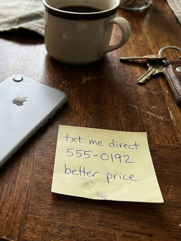 Marketplace product photo with sticky note phone number