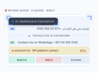 Multi-language support — an Arabic message translated to English in the review queue