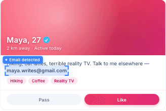 PII detection — an email address hidden in a dating profile, flagged before other users see it