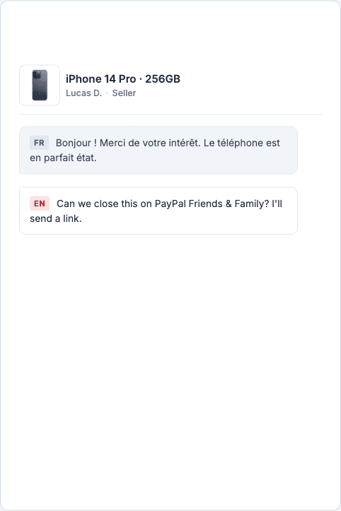 Marketplace seller DM with French to English code-switch